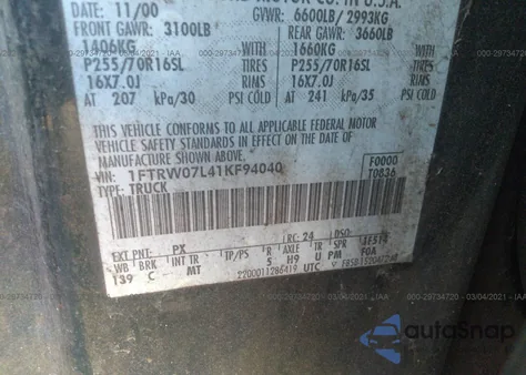 2001 Ford F-150 Supercrew Harley-Davidson/King Ranch/Lariat/Xlt из США, поврежденный, VIN 1FTRW07L41KF94040